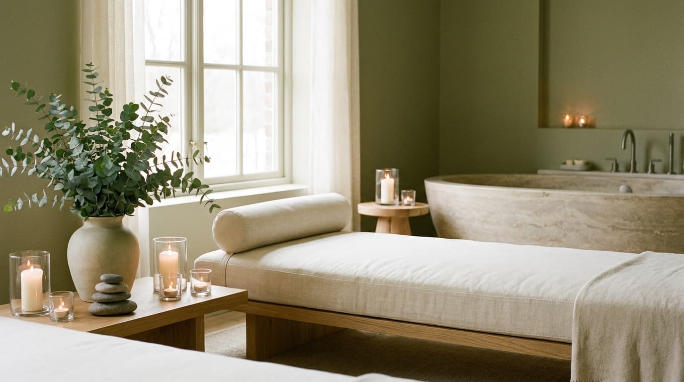 Serene spa interior with candles, zen stones and eucalyptus